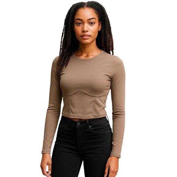 Aritzia Sunday Best Ribbed Corset Stitch Crop Top Beige Size S Neutral Retro - Picture 1 of 12